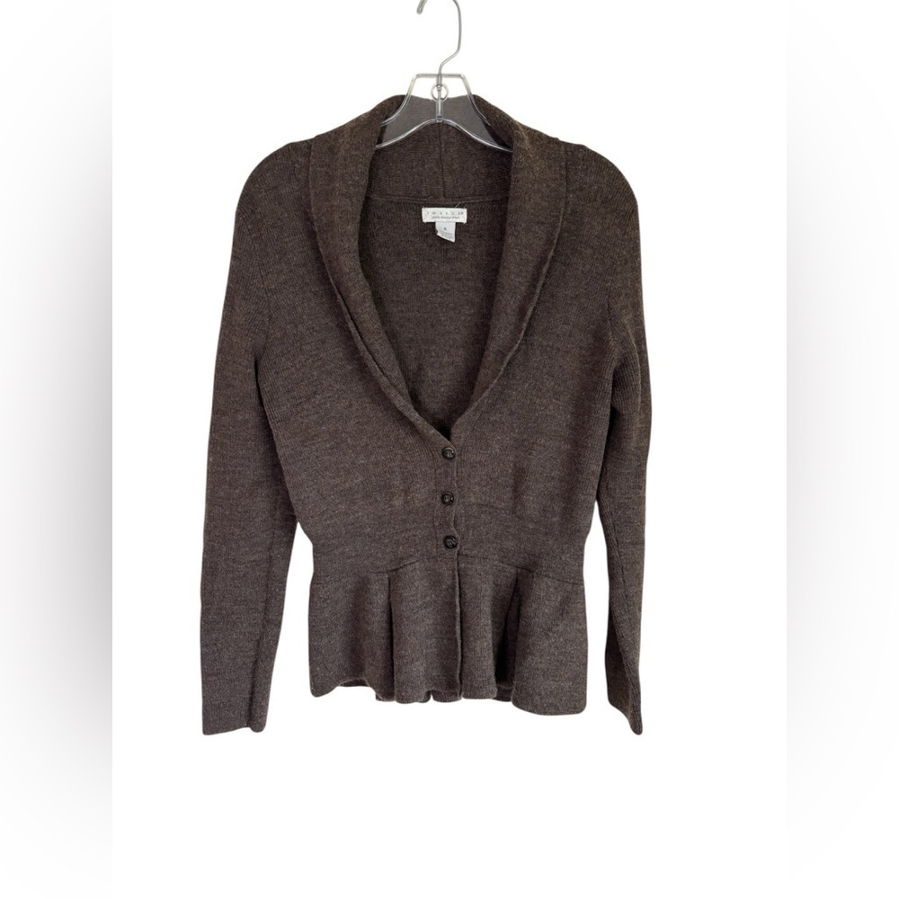 VTG Tweeds Merino Wool Peplum Cardigan Sweater Brown Size M